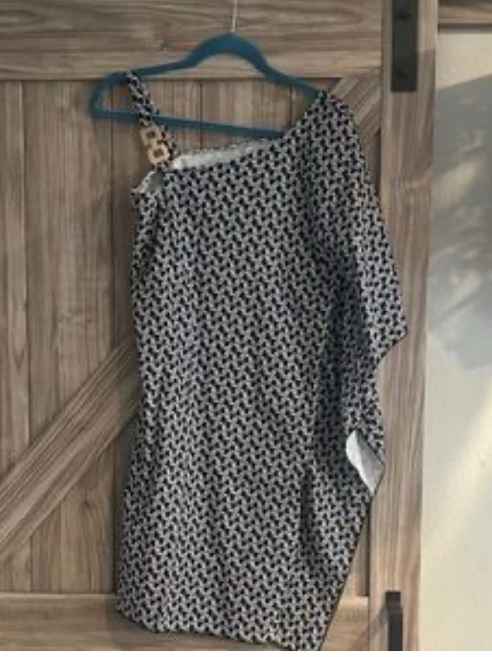 One-Shoulder Navy & White Patterned Dress with Gold Buckle - Picture 1 of 4